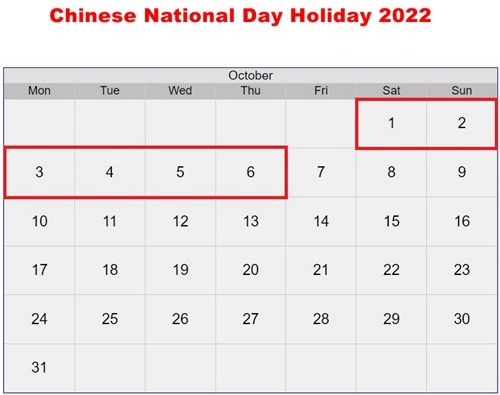 Notice on Chinese National Day Holiday 2022